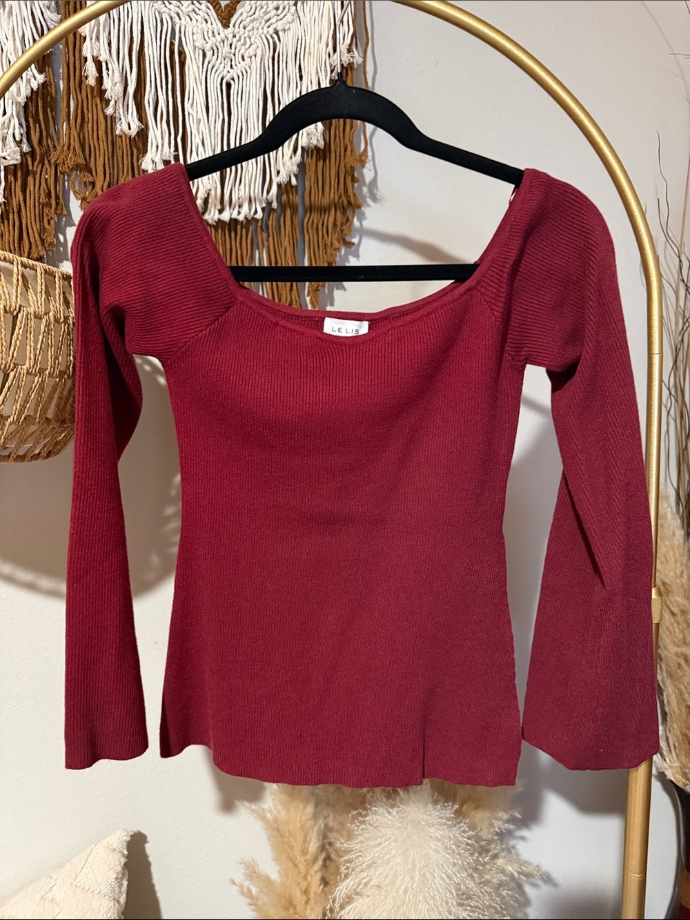 Le Lis Ribbed Square Neck Top - Burgundy